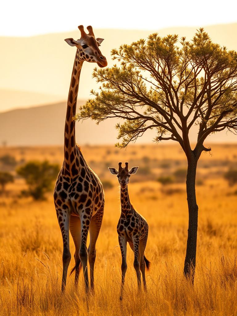 Adult and baby giraffe in golden grass beside an acacia tree