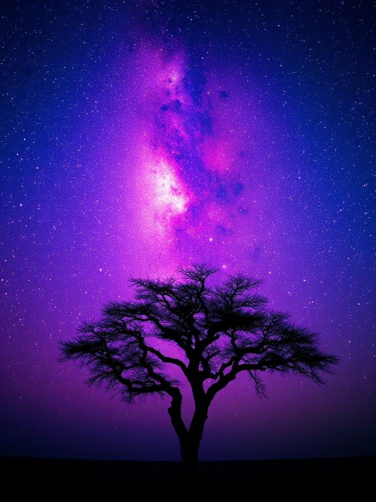 Milky Way glowing purple above a silhouetted acacia tree